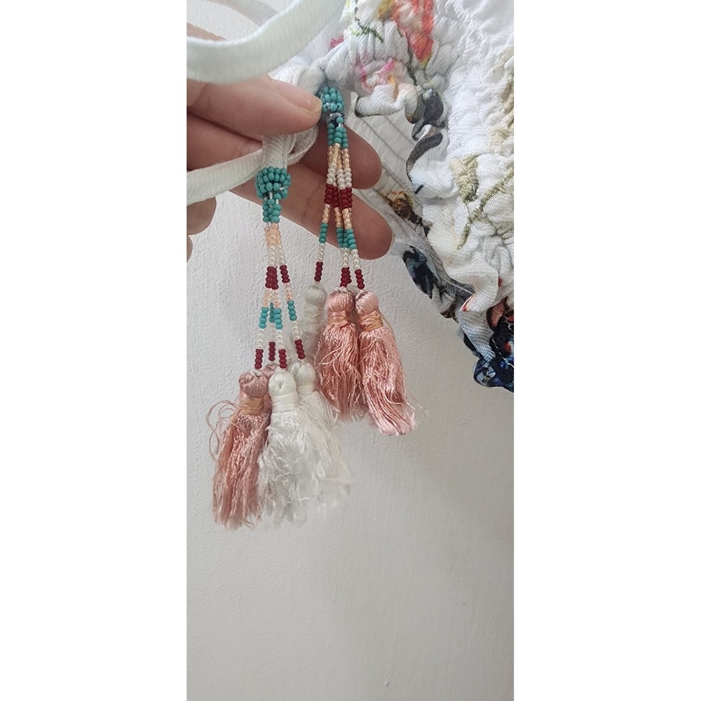 Hemant and Nandita Floral Tiered Mini Dress Smocked Waist Beaded Tassels Small - Picture 6 of 14